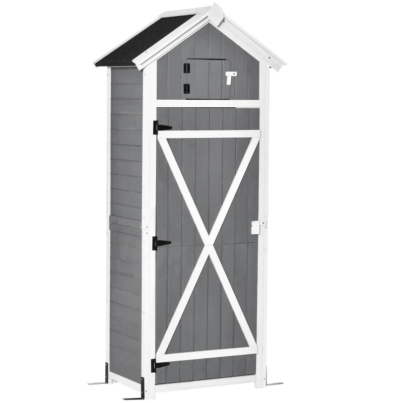 Outsunny 30.75''x 20.75''x71.75'' Garden Wood Storage Shed with Workstation, Hooks and Ground Nails Multifunction Lockable Sheds & Outdoor Storage Asphalt Roof Tool Organizer, Grey