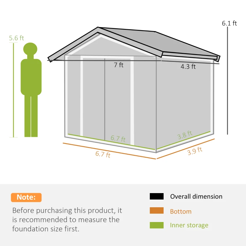 Outsunny 7' x 4' Outdoor Storage Shed, Garden Tool House w/ Foundation Kit Vents & Sliding Doors for Backyard Patio, Green