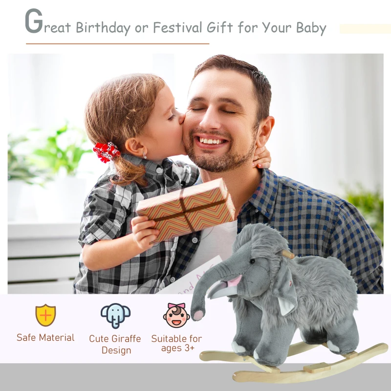 Qaba Kids Ride-On Rocking Horse Toy Mammoth Style Rocker with Fun Music & Soft Plush Fabric for Children 3+ Years