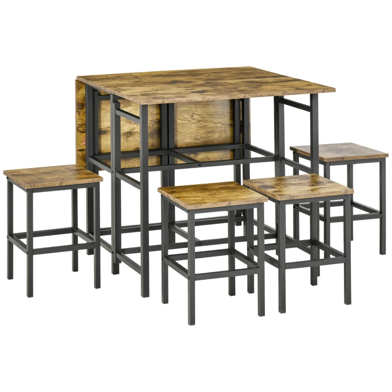 HOMCOM Industrial 5-Piece Folding Dining Table Set, Drop-Leaf Rectangular Kitchen Table with 4 Chairs for Dining Room, Rustic Brown