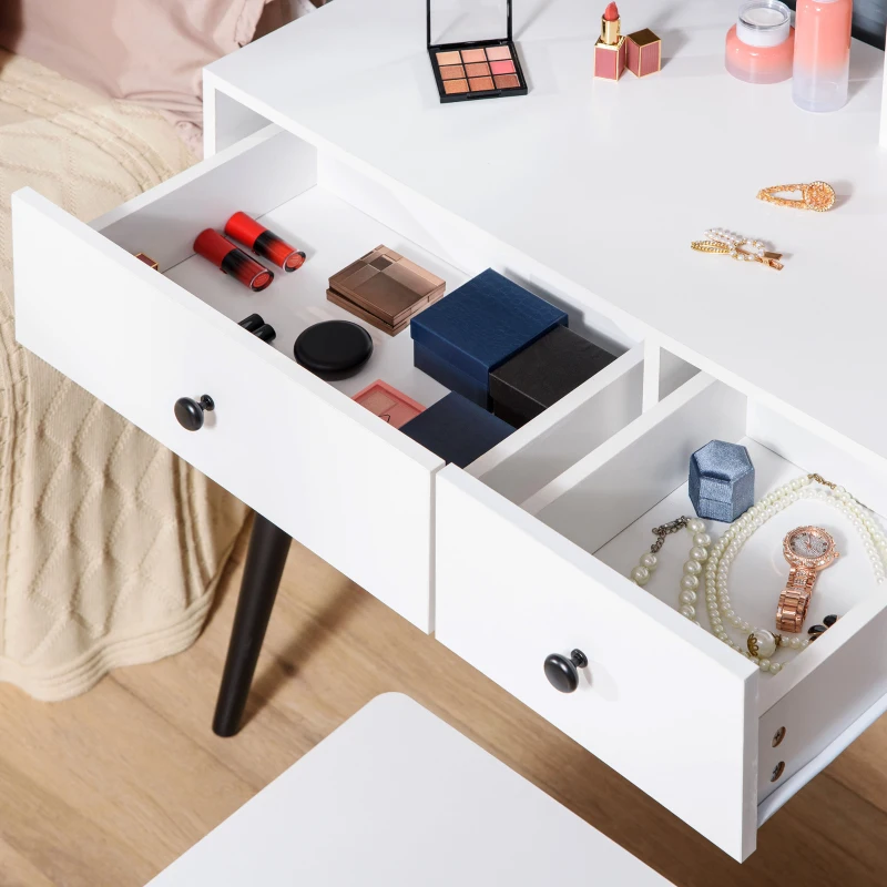 HOMCOM Vanity Table with Stool, Makeup Vanity with Wood Dressing Table with Storage Drawers and Shelf for Bedroom, White and Black