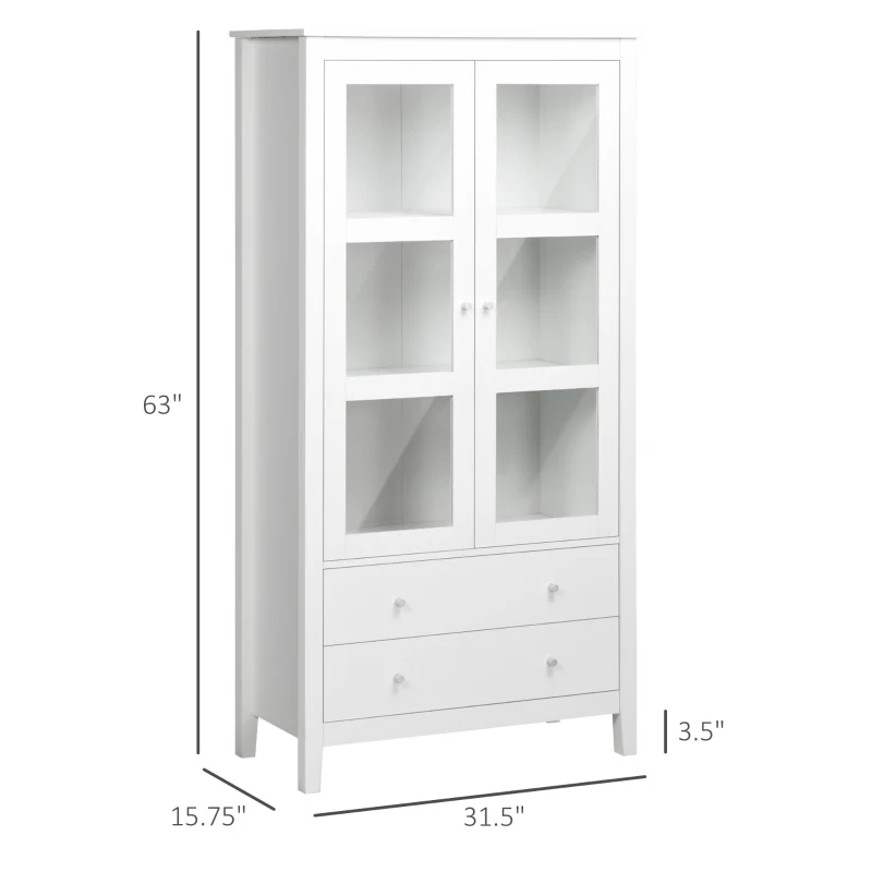 HOMCOM 63" Kitchen Pantry, Freestanding Storage Cabinet with 3-Tier Shelves, 2 Drawers, Glass Doors, and Soft Close Hinges for Living Room, Dining Room, White