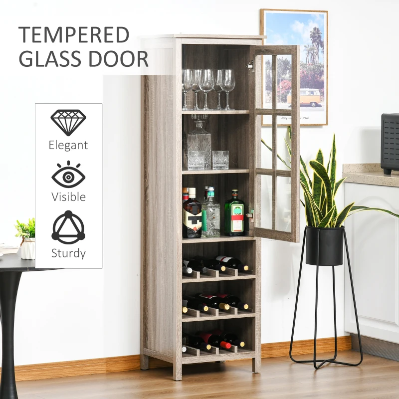 HOMCOM Tall Wine Cabinet, Bar Display Cupboard with 12-Bottle Wine Rack, Glass Door and 3 Storage Compartment for Living Room, Home Bar, Dining Room, Grey Oak