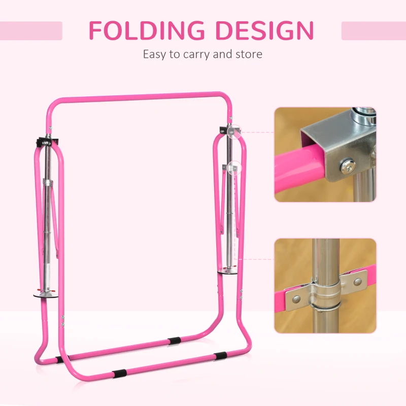 Qaba Folding Gymnastics Bar for Kids with Shock Absorption, Adjustable Gymnastics Horizontal Bar, Gymnastics Kip Bar for Home Use, Pink