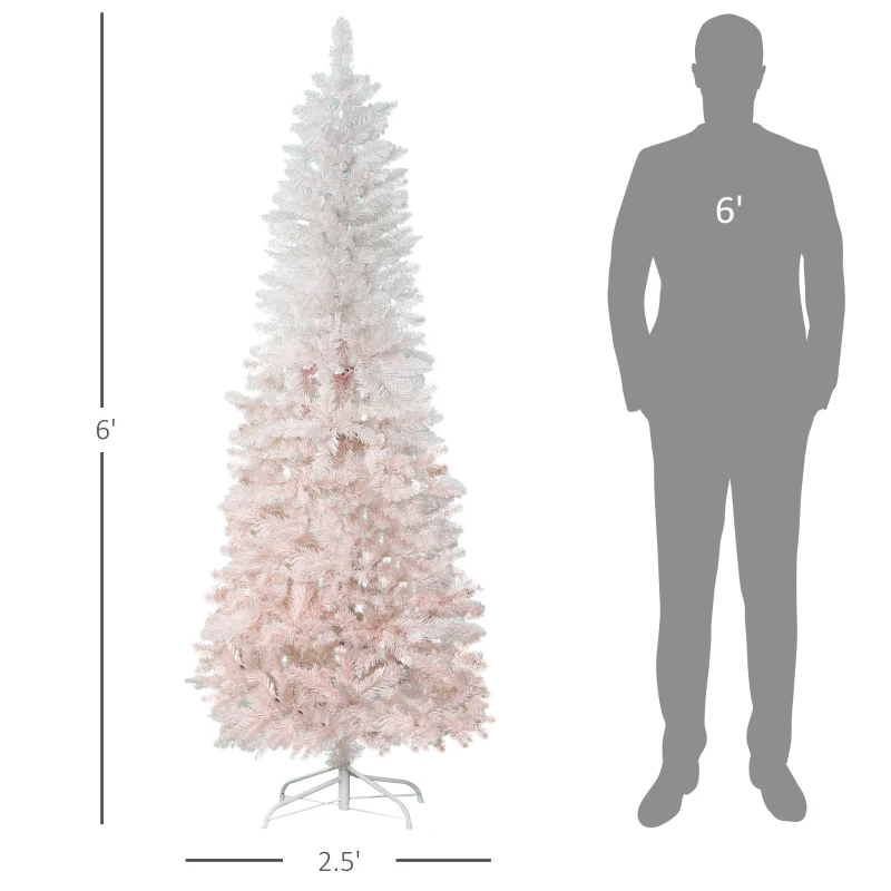 HOMCOM 6' Tall Unlit Pencil Fir Artificial Christmas Tree with Realistic Branches and Steel Base, Pink and White