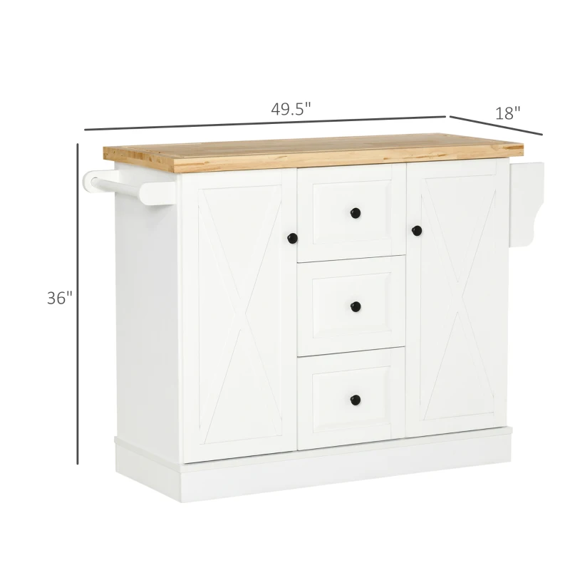 HOMCOM Rolling Kitchen Island with Storage, Kitchen Cart with Wood Top, 3 Drawers and 2 Barn Door Style Cabinet, Adjustable Shelves, Spice Rack, White