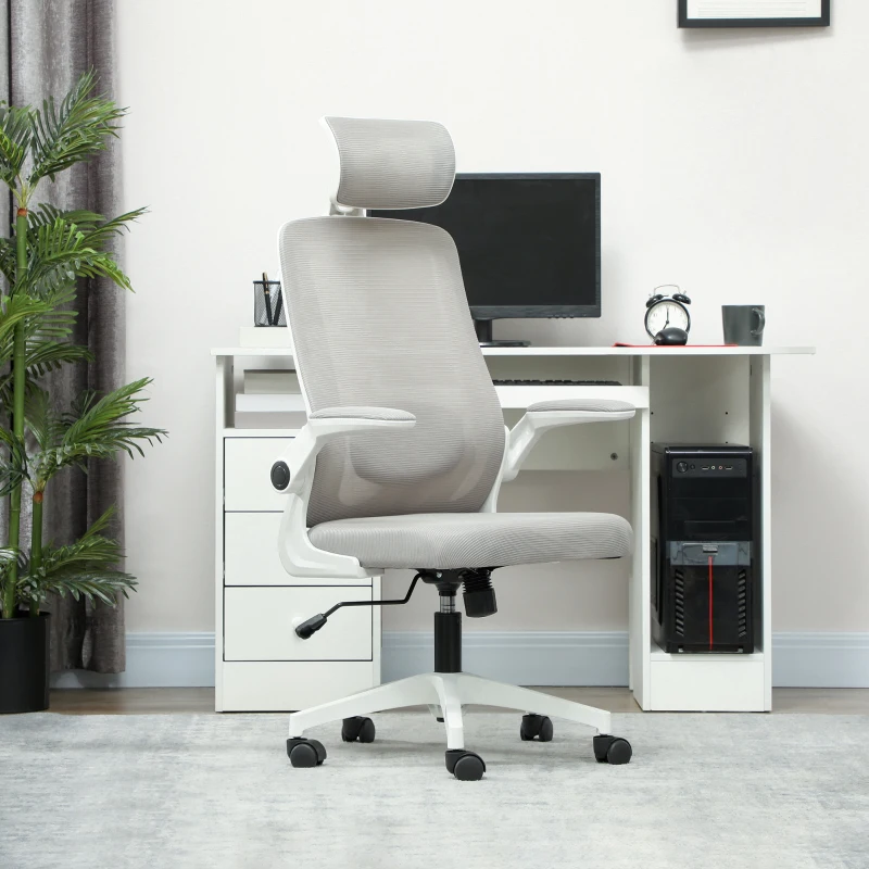 HOMCOM Mesh Office Chair, Ergonomic Desk Chair with Flip-up Armrest, Rotatable Headrest, Adjustable Lumbar Support, Gray