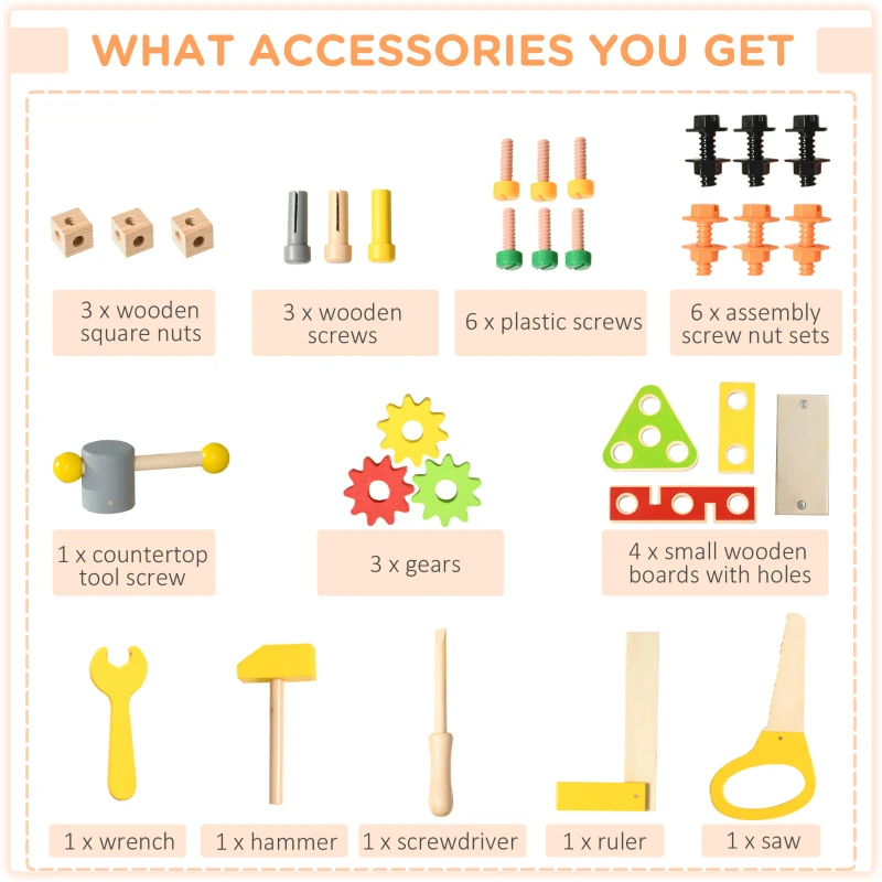 Qaba Kids Tool Bench with Storage Shelf, 31 Pcs Construction Work Shop Toy, Pretend Play Workbench for Boys Girls Age 3-6