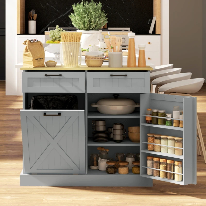 HOMCOM 10 Gallon Farmhouse Kitchen Cabinet with Hidden Trash Can and 2 Drawers, Tilt Out Trash Can Cabinet for Kitchen, Gray