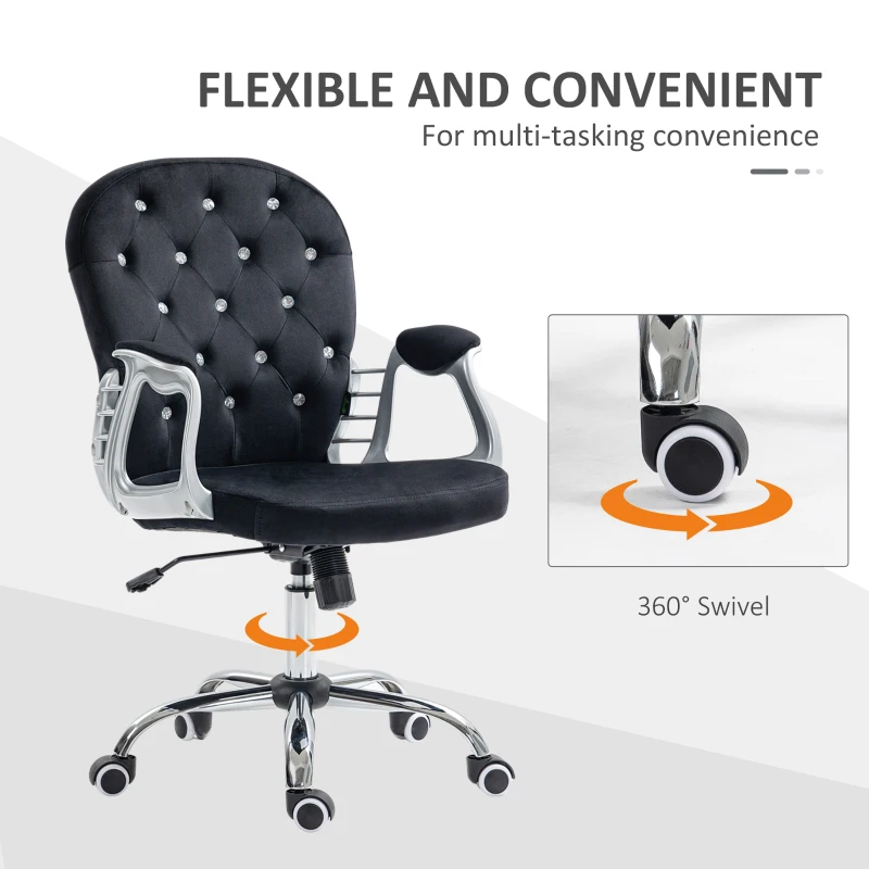 Vinsetto Button Tufted Desk Chair, Home Office Chair with Padded Armrests, Adjustable Height and Swivel Wheels, Black