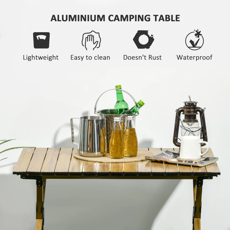 Outsunny 3ft Low Height Folding Camping Table, Roll-Up Aluminum Picnic Table with Carry Bag, Waterproof & Woodgrain Finish, Portable Table for Travel, BBQ, Beach, or Hiking