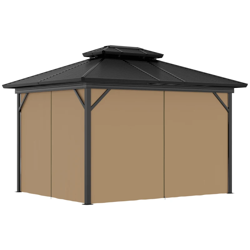 Outsunny 10' x 12' Hardtop Gazebo, Aluminum Frame Garden Sun Shelter with Double Tier Metal Roof, Mosquito Netting, Curtains, and Hanging Hook, Brown