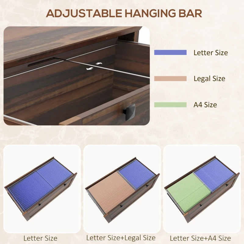 HOMCOM 2 Drawer File Cabinet, Lockable Filing Cabinet with Adjustable Hanging Bar for Letter, A4 and Legal Size, Brown