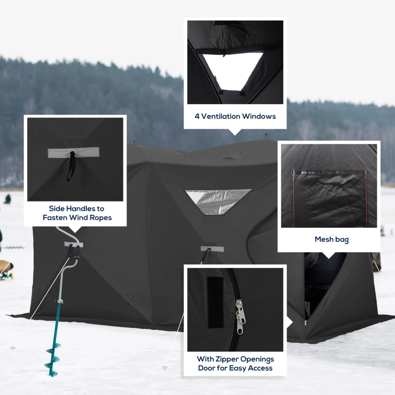 Outsunny 5-8 People Ice Fishing Shelter, Pop-Up Portable Ice Fishing Tent with Carry Bag, Two Doors, Windows and Vents, Ice Shanty for Winter Fishing, Black
