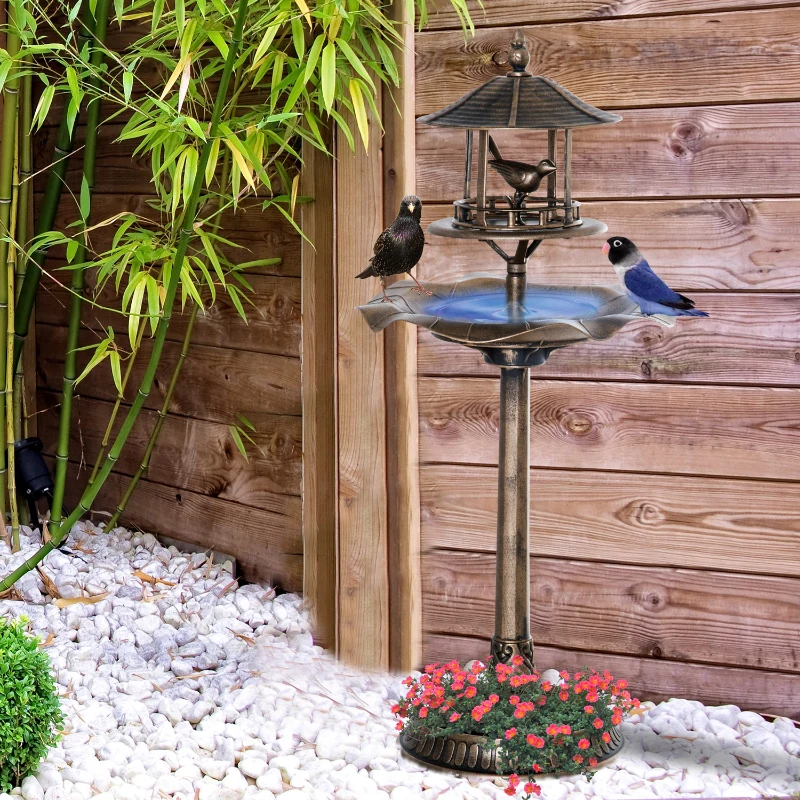 Outsunny 3-in-1 Garden Bird Bath Bowl Pedastal with Bird Feeder, Large Water Basin, & Underneath Flower Planter, Gold