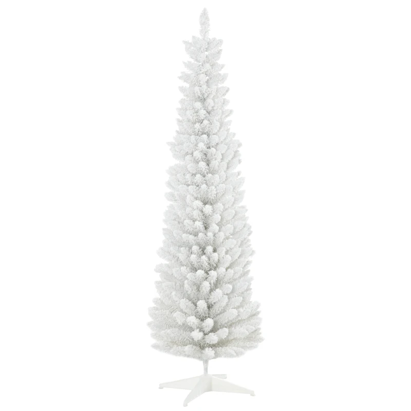 HOMCOM 6' Decorated Christmas Tree Snow Flocked Artificial Christmas Tree with Pencil Shape, Realistic Branches, White