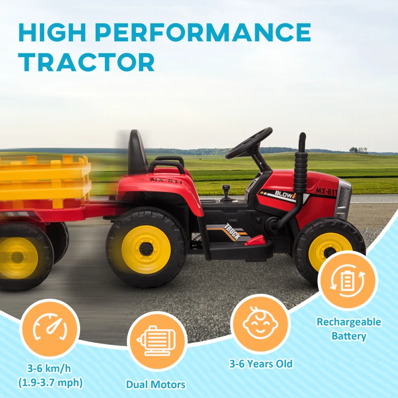 Aosom 12V Electric Ride on Tractor with Trailer, 25W Dual Motors, Red(m-8)