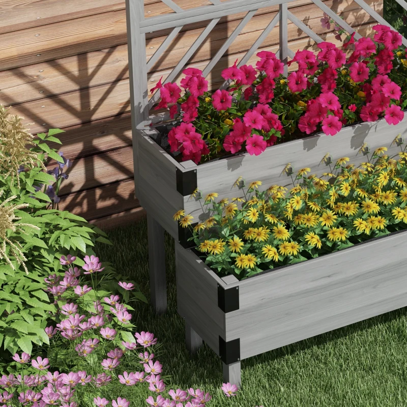 Outsunny 2 Tier Trellis Planter, Wooden Raised Garden Bed, Gray
