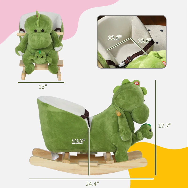 Qaba Rocking Horse, Ride on Dinosaur w/ Seat Belt, 32 Songs & Hand Puppet for 18-36 Months, Green