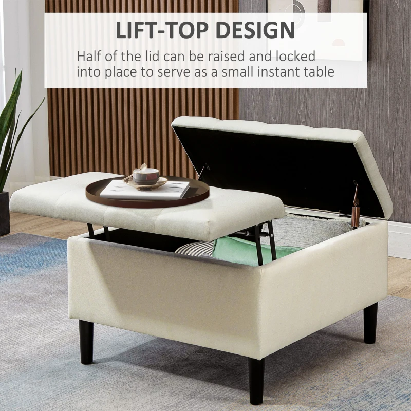 HOMCOM 30" Square Storage Ottoman, Upholstered Ottoman Coffee Table with Lift Top, Button Tufted and Wood Legs, Accent Footstool for Living Room, Cream White