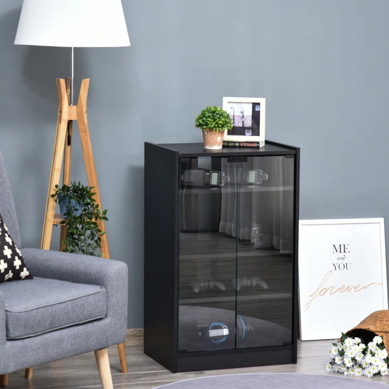 HOMCOM Media Cabinet, 4-Tier Stereo Cabinet, Record Player Stand with Vinyl Record Storage, Adjustable Shelves, Tempered Glass Doors and Cable Management, Distressed Black