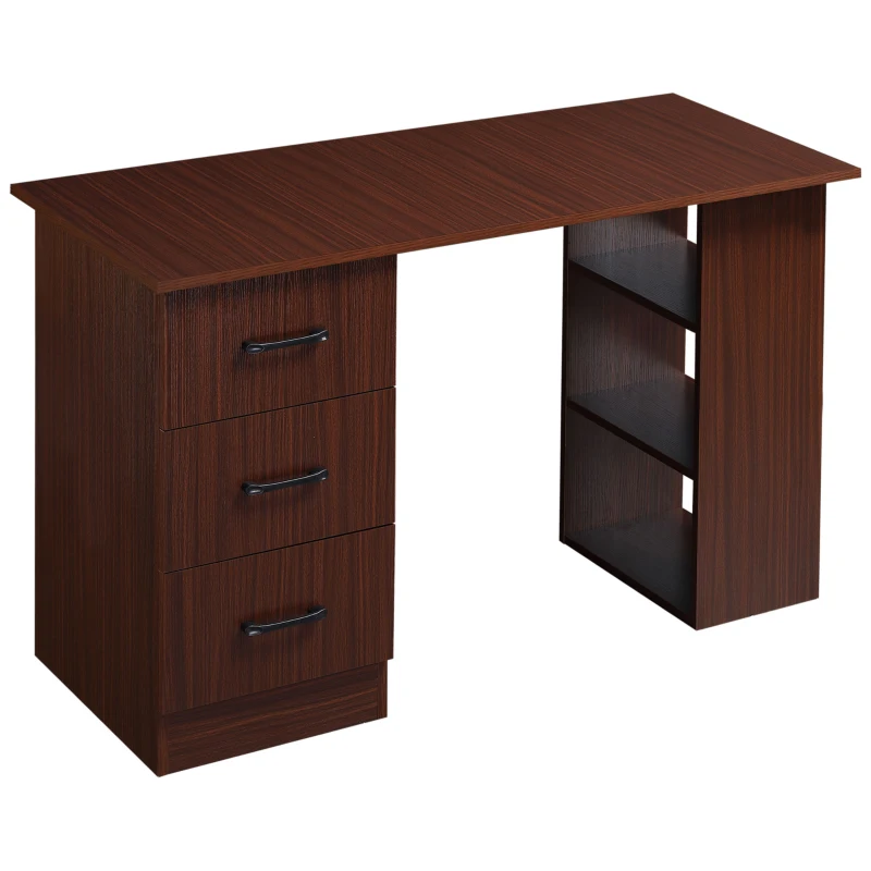 HOMCOM Computer Desk, 47" Writing Table with 3-Tier Shelves and 3 Reversible Drawers for Home Office, Bedroom, Walnut