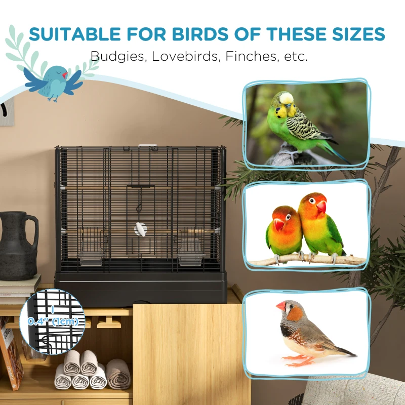 PawHut 22" Bird Cage for Budgie Finches Canaries Love Birds with Wooden Stands, Slide-Out Tray, Handles, Food Containers, Black
