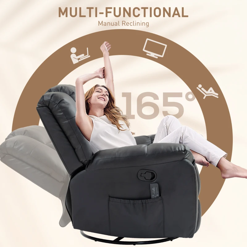 HOMCOM 8-Point Vibration Massage Recliner Chair, PU Leather Manual Reclining Sofa, Swivel Nursery Rocking Chair with Remote Control, Side Pockets, for Living Room, Black