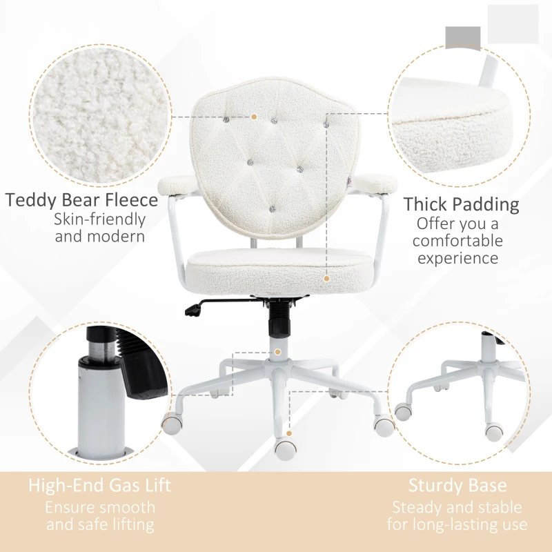 HOMCOM Cute Office Chair, Desk Chair with Button Tufted Teddy Bear Fleece, Swivel Computer Vanity Chair, Cream White