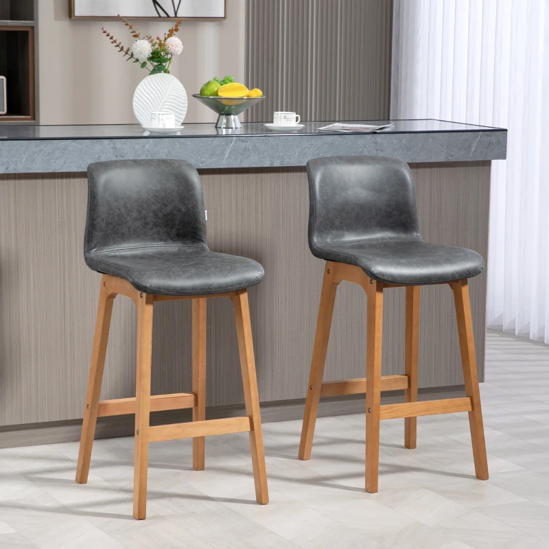 HOMCOM Modern Bar Stools Set of 2, Counter Height Bar Chair with PU Leather Wooden Frame Padding Seats for Dining Room Home Bar, Grey