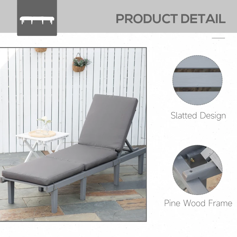 Outsunny Chaise Lounge Chair for Outdoor, Wood Outdoor Chaise Lounge with 4-Position Adjustable Backrest and Cushion, Reclining Beach Lounge Chair for Deck, Pool, Lawn and Sunbathing, Gray