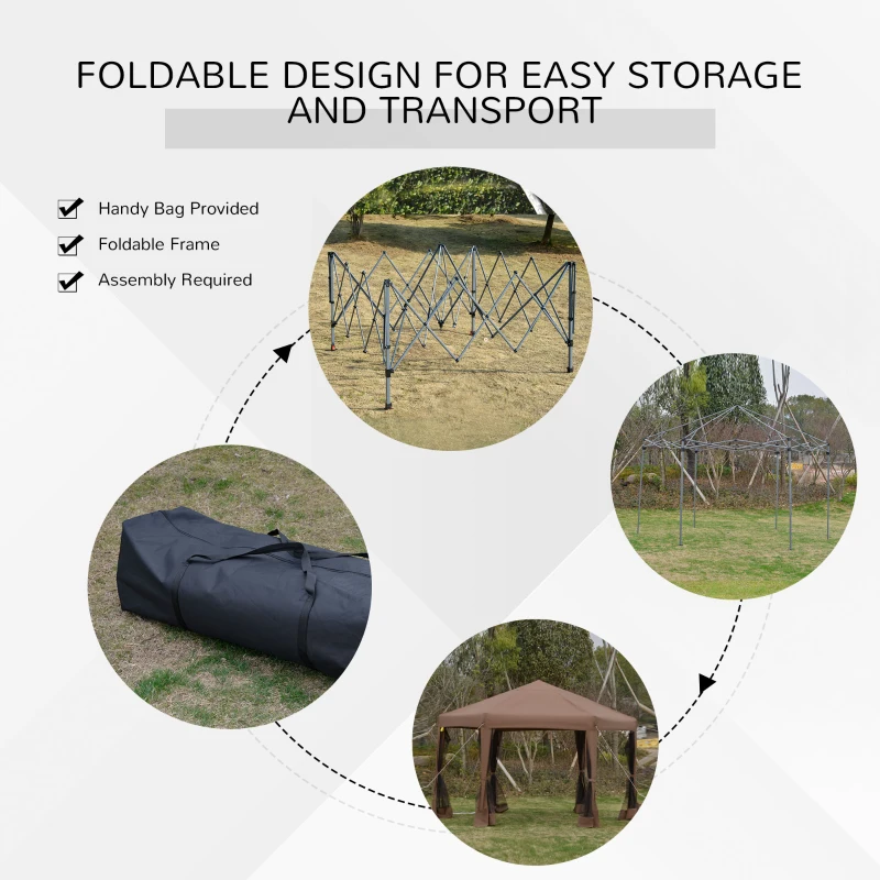 Outsunny 12.5' Pop Up Gazebo Hexagonal Canopy Tent Outdoor Shelter Pavilion Sun Protection with Mesh Sidewalls, Handy Bag, Dark Brown