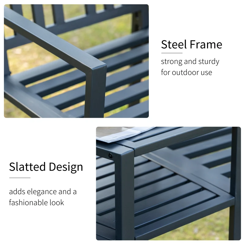 Outsunny Metal Garden Bench with Middle Table and Umbrella Hole, 2-in-1 Double Patio Chairs, Outdoor 2-person Tete-a-Tete, Slatted, Black(m-6)