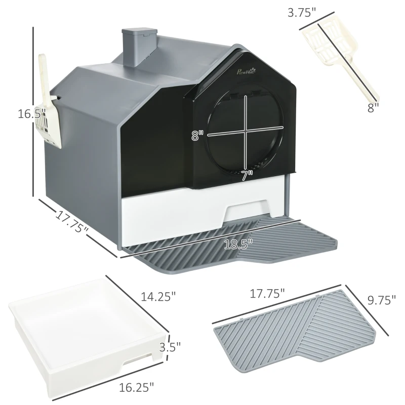 PawHut Hooded Cat Litter Box w/ Litter Mat, Litter Particle Catching, Gray