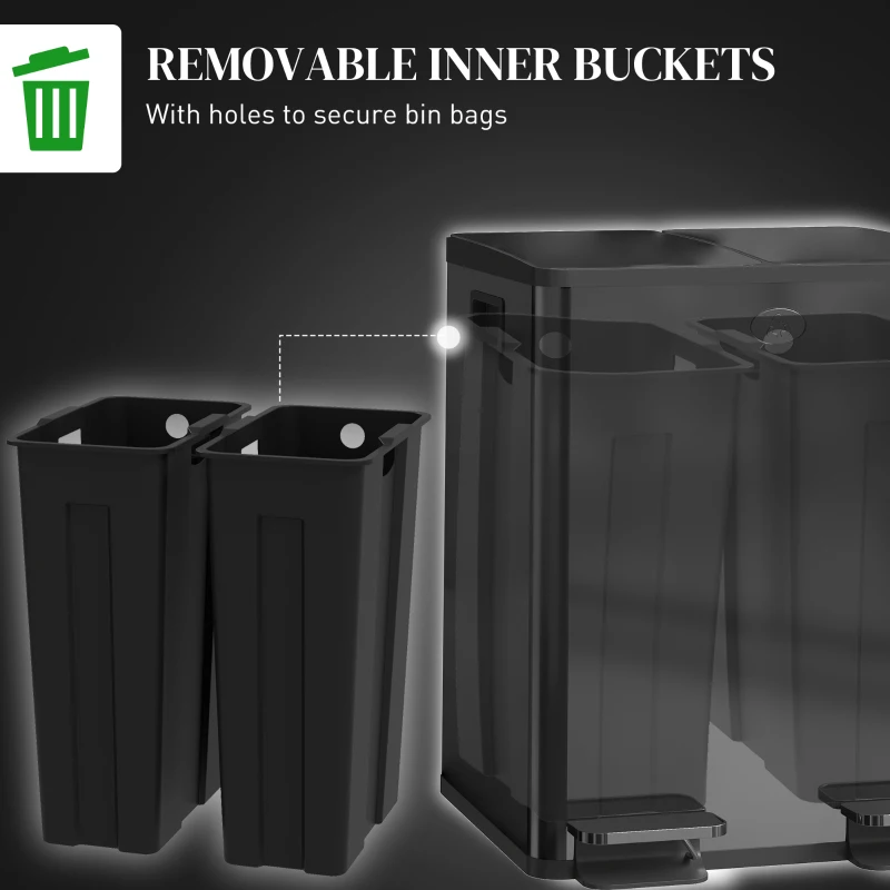 HOMCOM Dual Garbage Bin, Soft-Close Trash Can with Foot Pedal, 2 x 20 Liter Garbage Can with Removable Inner Buckets, Black
