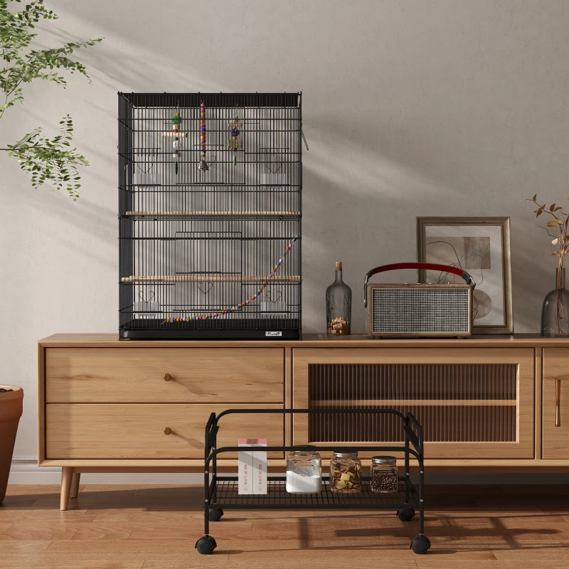 PawHut 43" Bird Cage with Rolling Stand, Toys, for Budgies Canaries Black