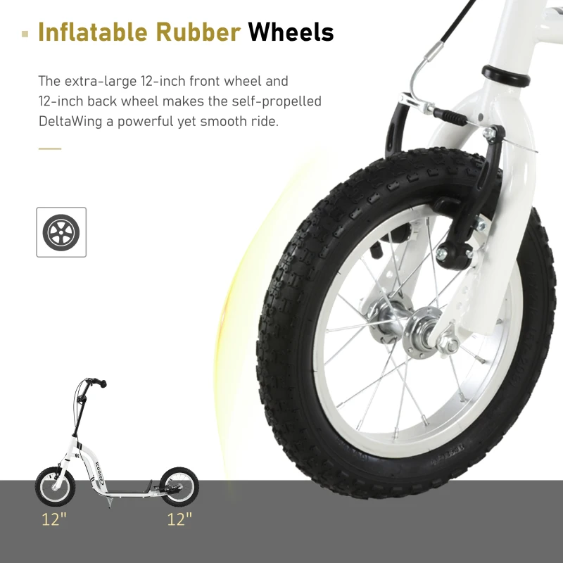 Aosom Youth Scooter Front and Rear Caliper Dual Brakes 12-Inch Inflatable Front Wheel Ride On Toy For Age 5+ - White