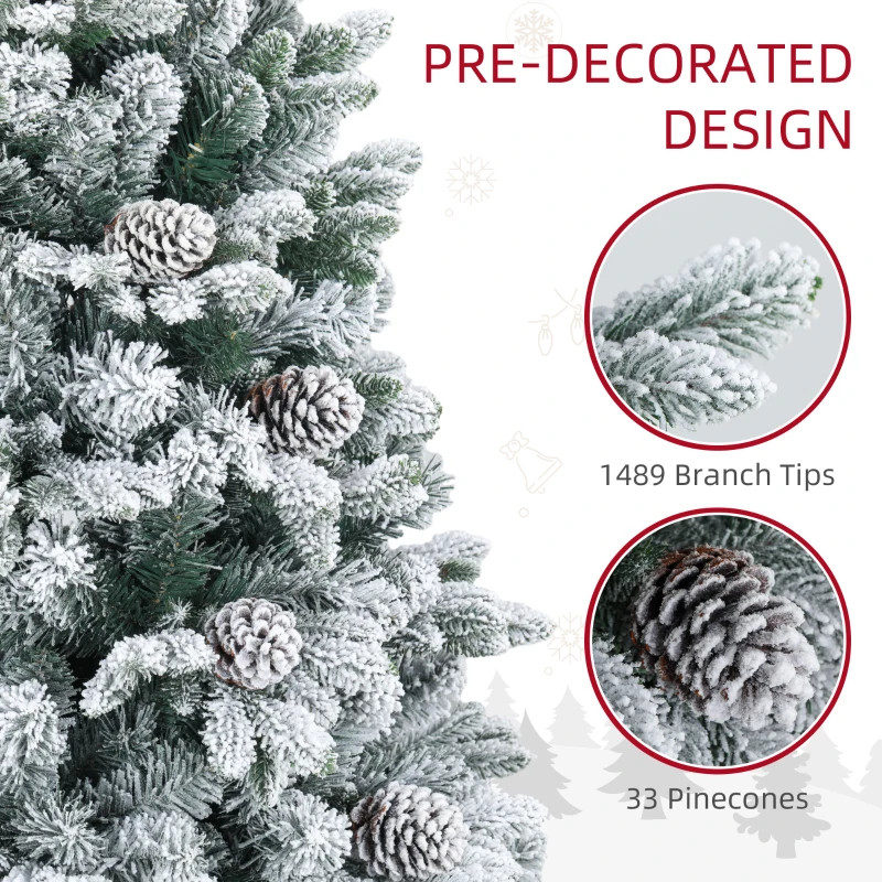 HOMCOM 6ft Flocked Artificial Christmas Tree with 1489 Snow Tips, Pinecones, Metal Stand, Hinged Xmas Tree for Home