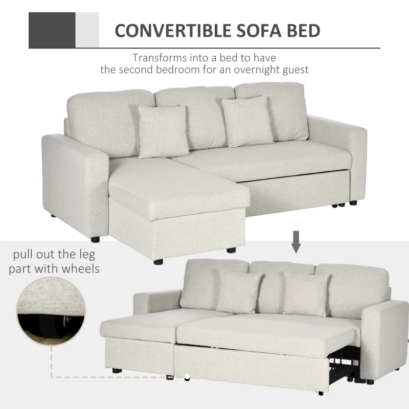 HOMCOM L-Shaped Sectional Sofa Bed, Loveseat Reversible Sleeper Sofa with Pull Out Couch Bed and Storage Chaise, Cream White