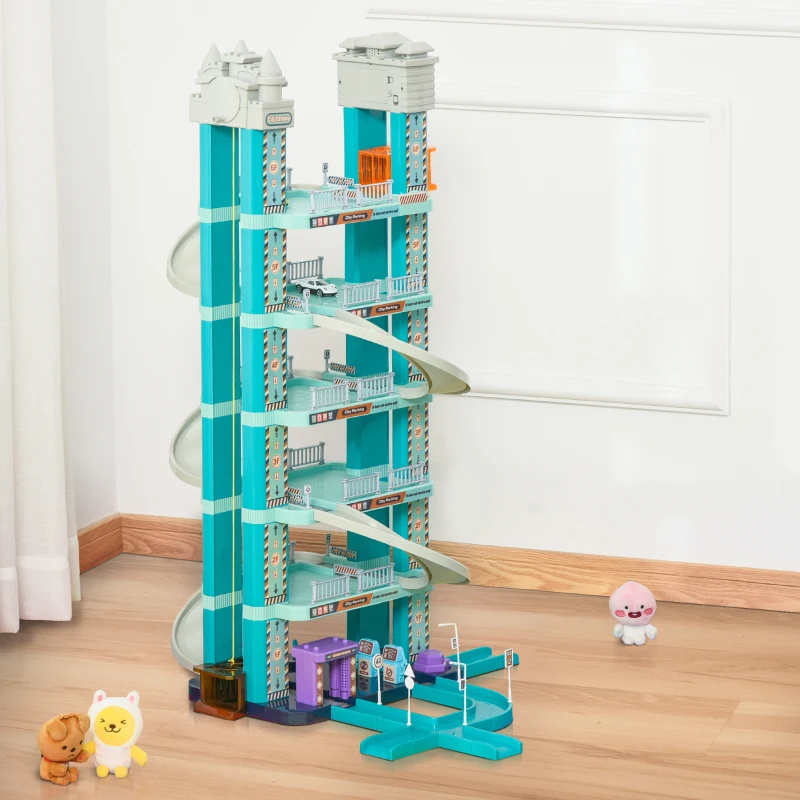 Qaba 6-Level Car Parking Garage Toy Race Tracks Car Ramp Set Toddler Car Games w/ Cars Maunal & Electric Elevators Wash, Gas, Ejector & Car Repair Station for 3-6 Years Old