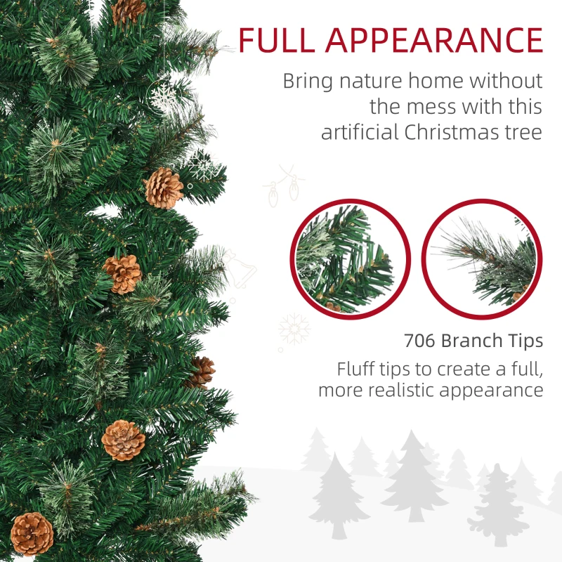 HOMCOM 7.5ft Pencil Christmas Tree, Artificial Christmas with Pine Needles, Realistic Branches, Pine Cones, Metal Base, Green