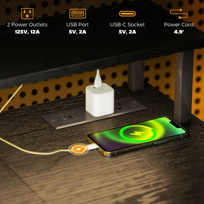 HOMCOM Computer Desk with Storage, 47" Reversible Computer Table with Power Outlets and LED Lights, Distressed Black