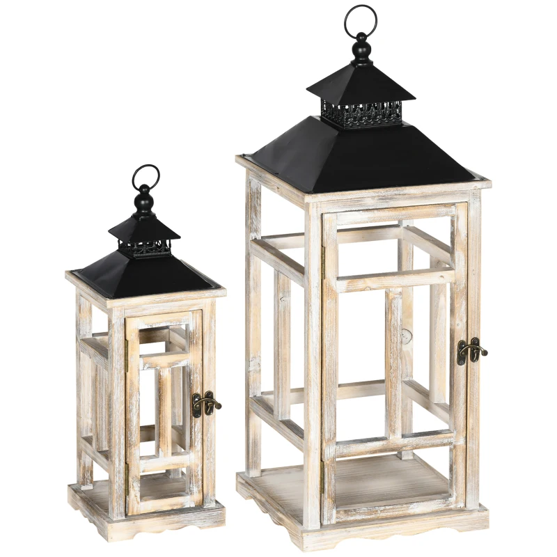 HOMCOM 2 Pack 30"/21" Large Fine Woodworking Decorative Lantern, Metal Hanging Wooden Indoor Covered Outdoor Lantern for Home Décor (No Glass), Black and Natural Wood Faded Colour