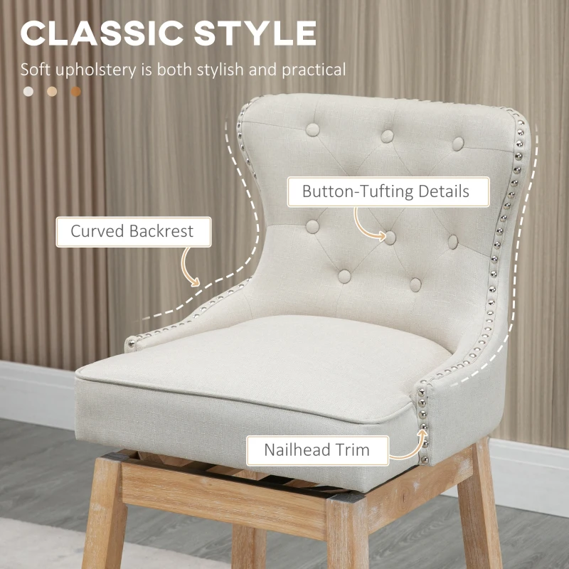 HOMCOM Memory Swivel Bar Stools Set of 2, Upholstered Fabric Bar Height Barstools with Tufted Back, Nailhead-Trim and Solid Wood Legs, 30" H Seat Height Kitchen Stools, Cream