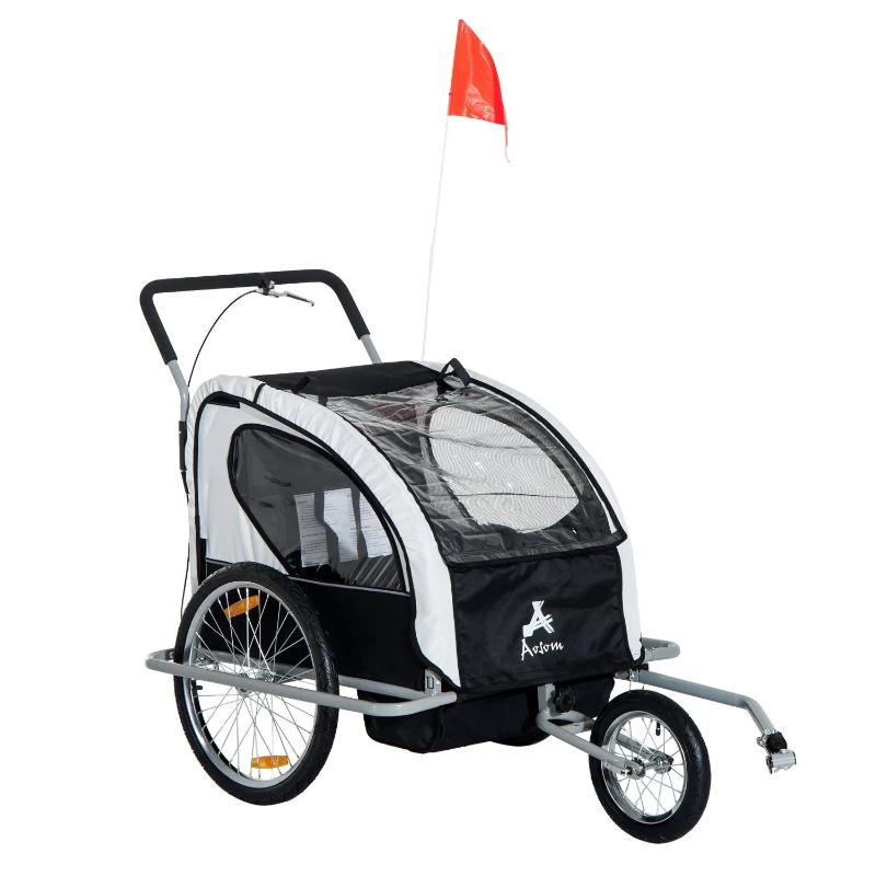 Aosom Elite Three-Wheel Bike Trailer for Kids Bicycle Cart for Two Children with 2 Security Harnesses & Storage, White(m-11)
