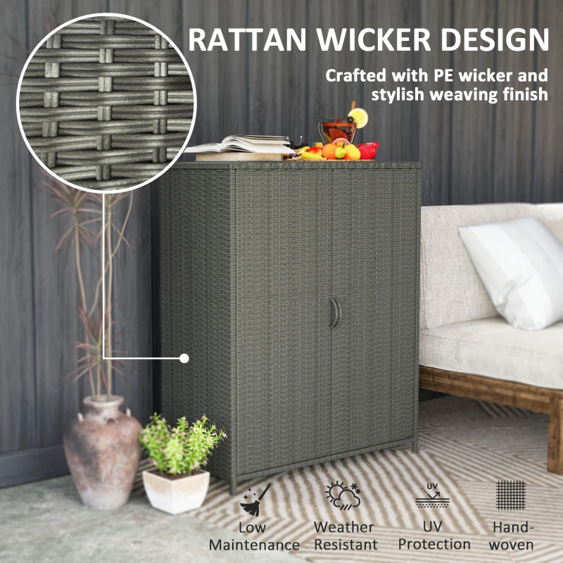 Outsunny Rattan Wicker Outdoor Storage Cabinet with 4 Shelves and 2 Doors for Garden Pool Towel Storage, Dark Gray