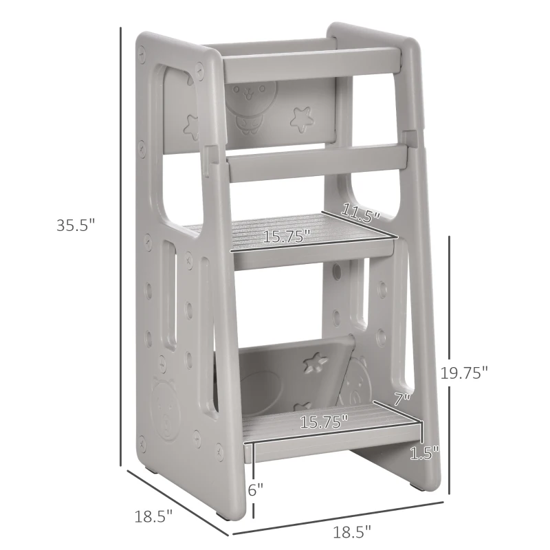 Qaba Toddler Tower with Adjustable Height, Toddler Kitchen Stool Helper with Anti-slip Mat, Step Stool for Kitchen, Bathroom, Gray