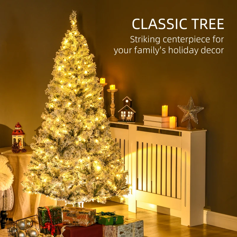 HOMCOM 6' Prelit Artificial Flocked Christmas Trees, with Snow Frosted Branches, Warm White LED Lights, Auto Open