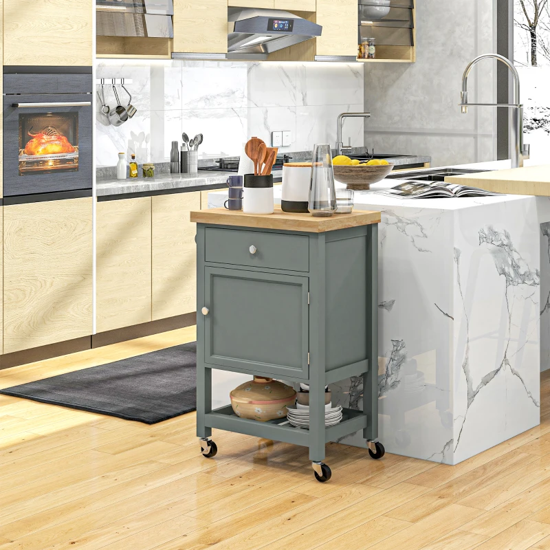 HOMCOM Kitchen Cart on Wheels, Rolling Kitchen Island Cart with Wood Top, Towel Rack, Drawer and Shelf for Dining Area, Grey
