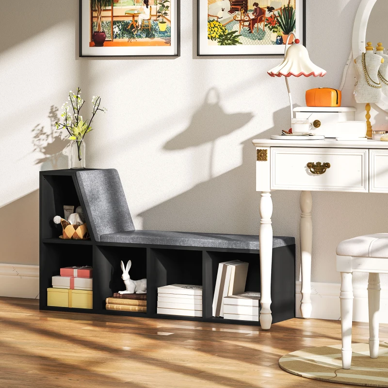HOMCOM Multi-Purpose Bookshelf with 5 Cubes, 5-Cubby Bookcase with Cushioned Reading Nook and Storage Shelves, Distressed Black